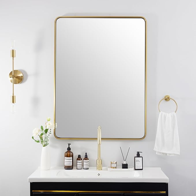 ANDY STAR Brushed Gold Mirror 40''X30'', Gold Bathroom Mirror Rounded Rectangle in SUS304 Anti-Rust Tube Metal Frame, Wall Mounted Horizontal/Vertical 1’’ Deep