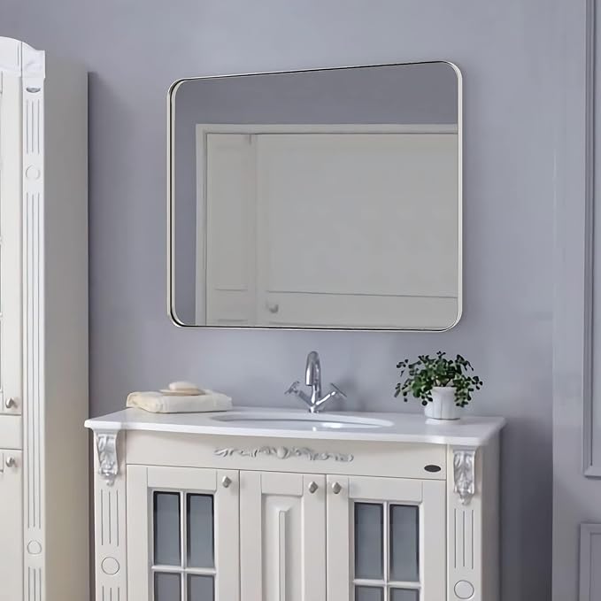 ANDY STAR Chrome Mirror for Bathroom, 30x36 Metal Frame Wall Mirror with Rounded Corner, Modern Rectangle Bathroom Vanity Mirror with Polish Finish