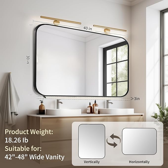 Black Bathroom Mirror, 40x30 Inch Aluminum Frame Rectangle Mirror, Anti-Rust, Tempered Glass, Wall Mirror for Over Sink, Vanity, Bedroom, Entryway, Horizontal/Vertical