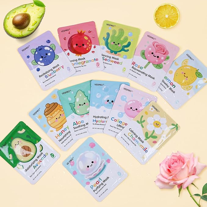 60 Pack Bulk Collagen Facial Masks, moisturizing & Hydrating Face Masks for Women, Skin Care for All Skin Types, Stocking Stuffers, Christmas Gifts, Sleepover Party for Teen Girls(12 Types x 5 Pcs)