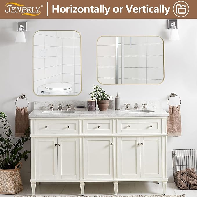 24x32 Inch Brushed Nickel Bathroom Mirror, Framed Rectangle Mirror with Rounded Corner, Brushed Mirror, Silver Bathroom Mirror for Over Sink, Vanity, Living Room, Bedroom, Horizontal/Vertical