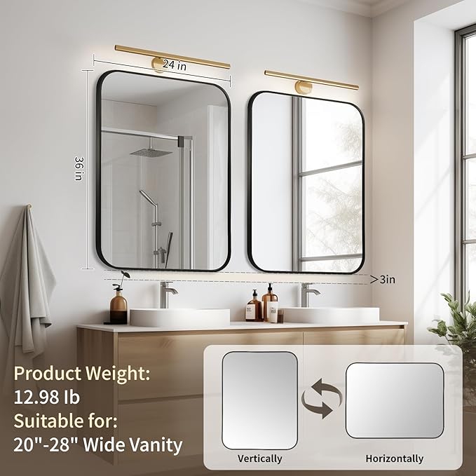 Black Bathroom Mirror, 24x36 Inch Aluminum Frame Rectangle Mirror, Anti-Rust, Tempered Glass, Wall Mirror for Over Sink, Vanity, Bedroom, Entryway, Horizontal/Vertical
