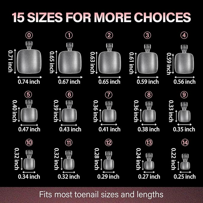 AILLSA Short Squoval Toe Nail Tips 150Pcs 15 Sizes Double Matte Pre-Etched Press On Fake Toenails for Wide Feet DIY & Salon Use