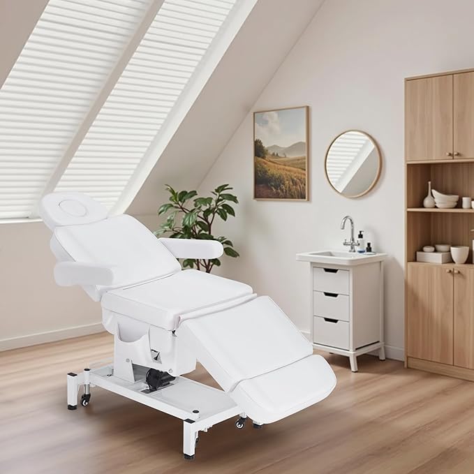 BarberPub Fully Electric Beauty Bed, 3-Motor Salon Spa Chair with Foot-Controlled Wheels, Adjustable Height, Backrest & Leg Rest – PVC Leather, Professional Facial & Treatment Table 2754 (White)