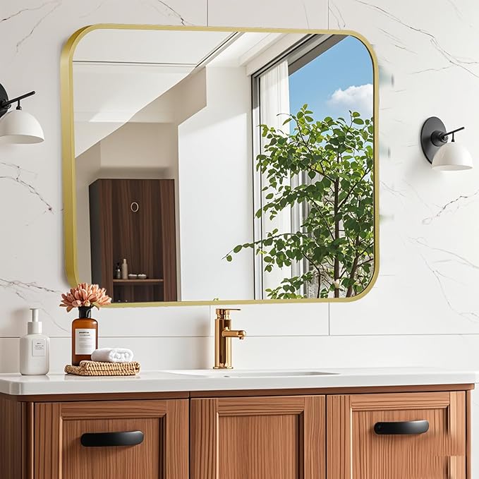 24x36 Inch Gold Mirror, Framed Rectangle Mirror with Rounded Corner, Brushed Brass Mirror, Gold Bathroom Mirror for Over Sink, Vanity, Living Room, Bedroom, Horizontal/Vertical