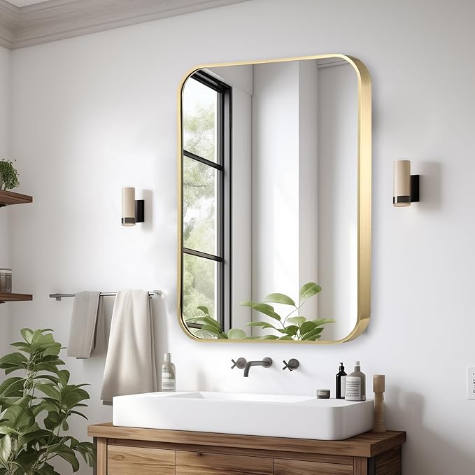 16x20 Inch Gold Bathroom Mirror, Brushed Brass Gold Metal Framed Rectangular Mirror with Rounded Corner, Bathroom Vanity Mirror for Bedroom or Living Room, Horizontal/Vertical