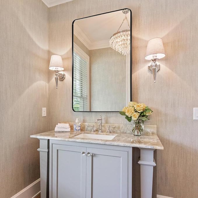 ANDY STAR Wall Mirror for Bathroom with Stainless Steel Metal Frame, 22"x30" Rectangle Rounded Corner Frame, Matte Black Finish