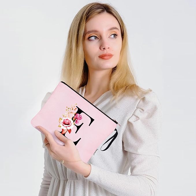 Vavabox A-Z Personalized Makeup Bag, Birthday Gifts for Women Mom, Gifts for Best Friend, Bride Bridesmaid Cosmetic bag (E, Pink)