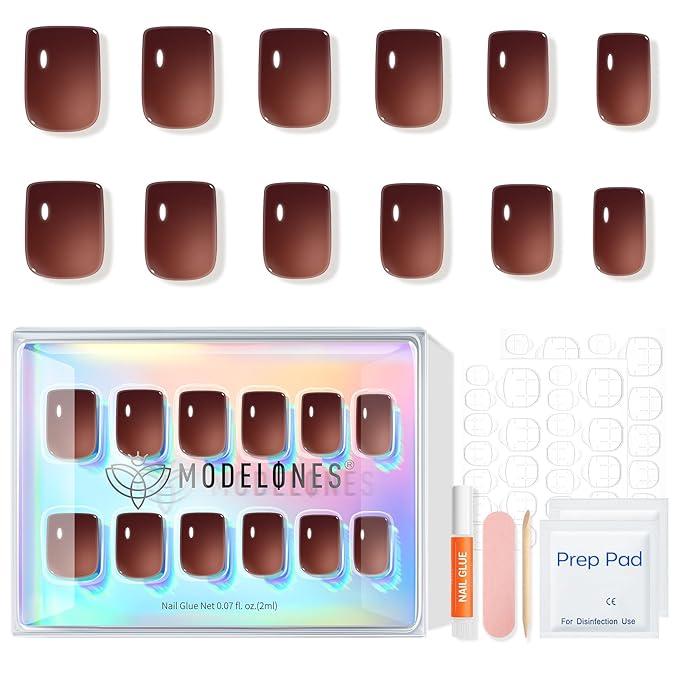 Modelones Brown Press on Nails, Short Square Fake Nails, Semi-Transparent Reusable Nail Kit with Nail Glue Adhesive Tabs Mini Nail File, Nails Press Ons 32Pcs16 Sizes, Women Girl Gift