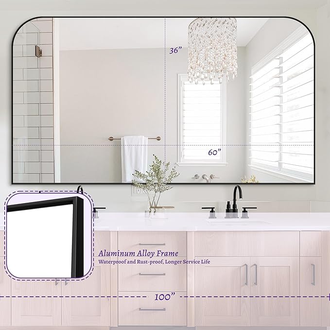 Bathroom Mirror, Wall Mirrors, Black Metal Framed Wall-Mounted Mirrors, Bathroom Vanity Mirror for Over Sink, Living Room, Bedroom, Entryway, 60x36 Inch, Black