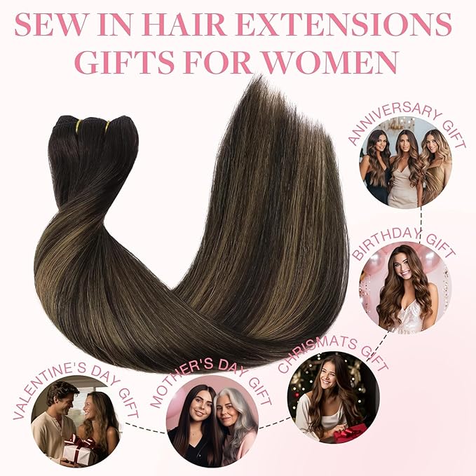 GOO GOO Sew in Hair Extensions Real Human Hair, Weft Hair Extensions Human Hair, 2/6/2 Balayage Dark Brown to Chestnut Brown 16inch 120g, Weft Bundles Straight Silky Remy Hair