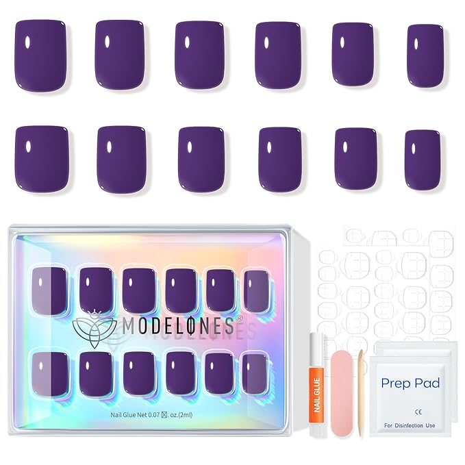 Modelones Midnight Purple Press on Nails, Short Square Fake Nails, Reusable Nail Kit with Nail Glue Adhesive Tabs Mini Nail File, Nails Press Ons 32Pcs16 Sizes