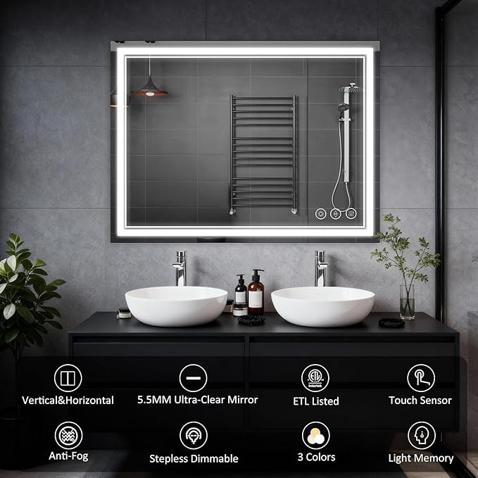 LED Bathroom Mirror 48"x36", 3 Colors Frontlit, Stepless Dimmable, Anti-Fog, Memory, Wall Mounted Vanity Mirror with Lights, Eco Copper-Free, Perfect for Bathroom & Bedroom