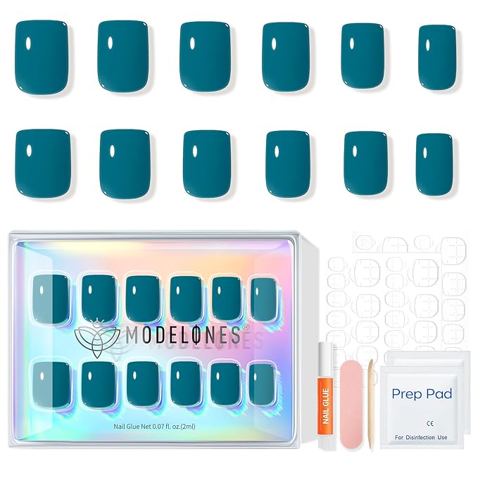 Modelones Hazy Blue Press on Nails, Short Square Fake Nails, Reusable Nail Kit with Nail Glue Adhesive Tabs Mini Nail File, Nails Press Ons 32Pcs16 Sizes
