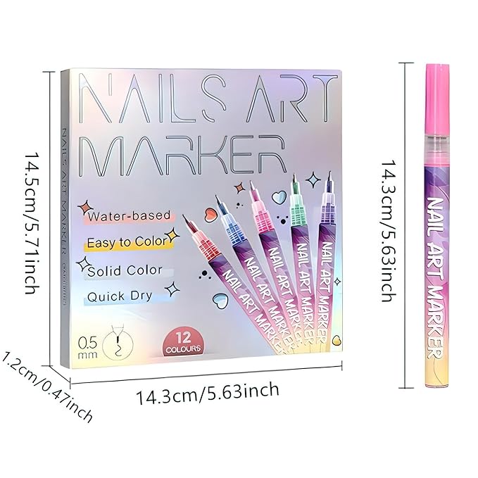 Nail Art Pens Set, 12 Colors Water-Based Nail Design Markers, 0.5mm Fine Tip for 3D Drawing, Painting, DIY Manicure Tools