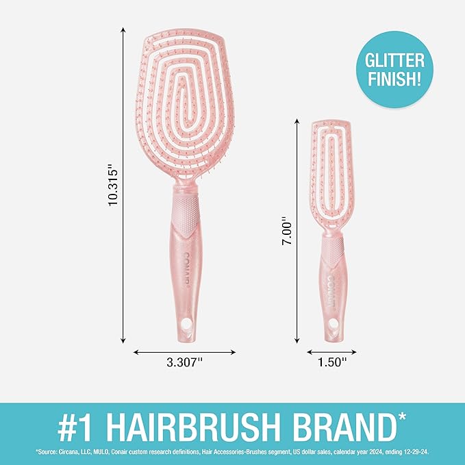 Conair Scalp Care Detangling hairbrush 2pk - Travel Hair Brush Set - Scalp Massager - hairbrushes for women & men - detangler for all lengths - use wet or dry - Blush Pink