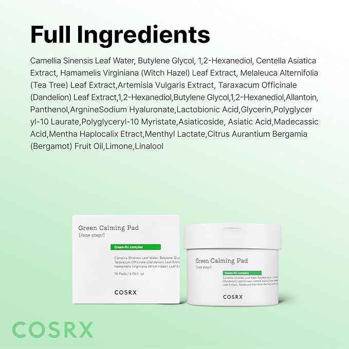 COSRX Green Calming Pads, 70 Sheets, Exfoliating Pads for Sensitive & Irritated Skin, Soothingm Hydrating, Refreshing, Korean Skin Care