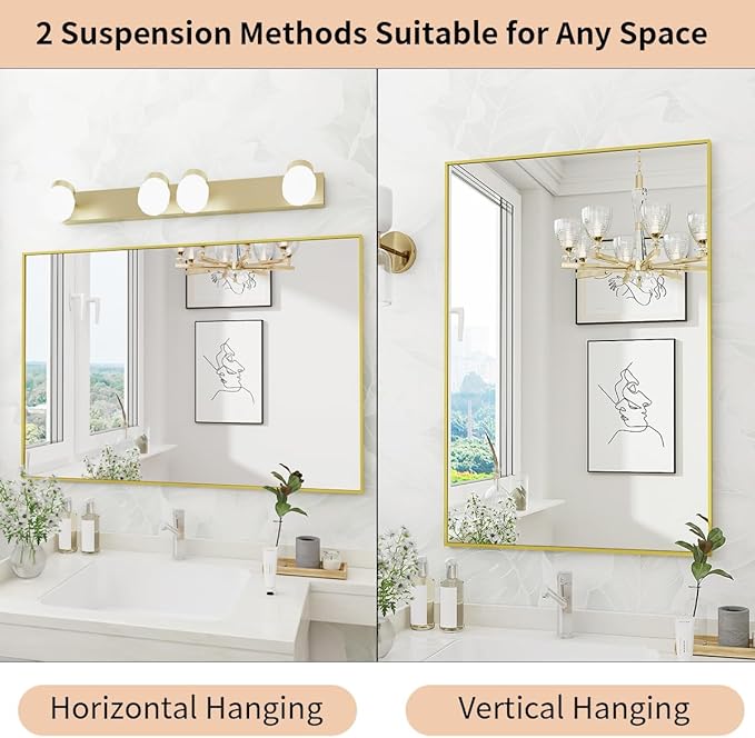 Koonmi Gold Mirrors for Wall, 30x30 Inch Bathroom Mirror, Rectangular Wall Mirror for Living Room Bedroom Bathroom, Hangs Horizontally or Vertically