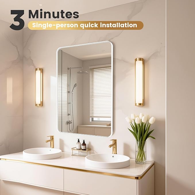 24" L x18 Bathroom Mirror Wall Mounted, Matte Aluminum Alloy Frame with Rounded Corners, Shatterproof Tempered Glass, Anti-Rust HD Vanity Mirror for Bathroom, Bedroom, Entryway (White)