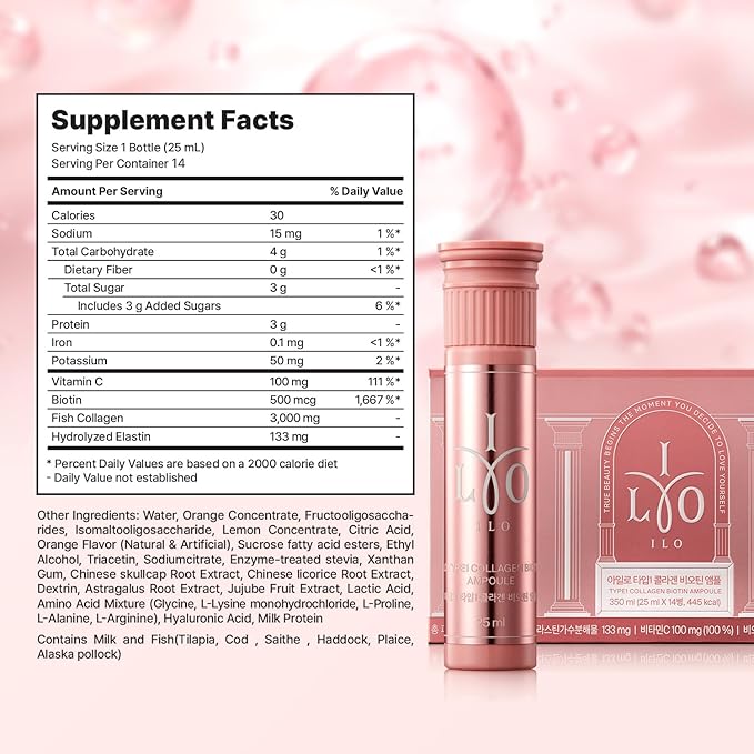 ILO Type 1 Liquid Collagen Drink – 3,000mg Marine Collagen with Biotin & Ceramide | Skin Glow & Hydration | Orange Flavor | 14 Bottles – Korean Beauty Supplement