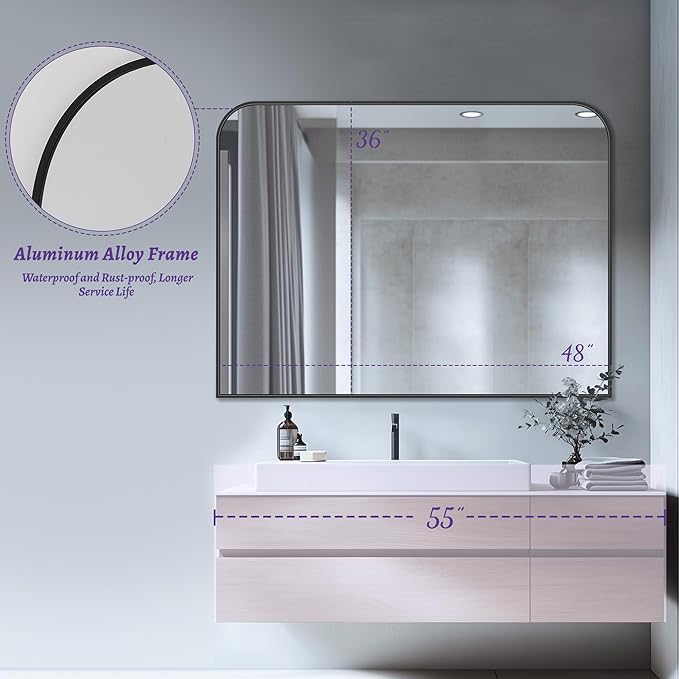 Bathroom Mirror, Wall Mirrors, Black Metal Framed Wall-Mounted Mirrors, Bathroom Vanity Mirror for Over Sink, Living Room, Bedroom, Entryway, 48x36 Inch, Black