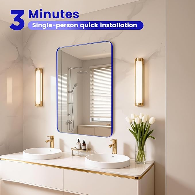 24" x 28" Blue Bathroom Mirror Wall Mounted, Matte Aluminum Alloy Frame with Rounded Corners, Shatterproof Tempered Glass, Anti-Rust HD Vanity Mirror for Bathroom, Bedroom, Entryway