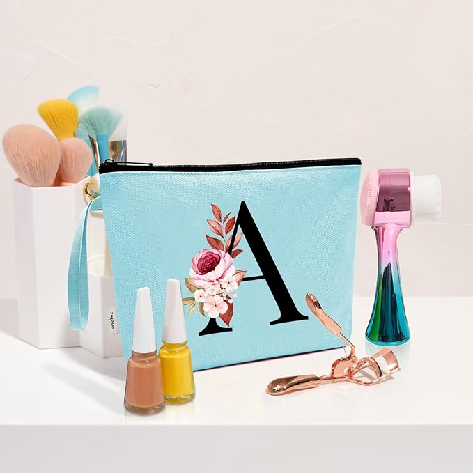 Vavabox A-Z Personalized Makeup Bag, Birthday Gifts for Women Mom, Gifts for Best Friend, Bride Bridesmaid Cosmetic bag (D, Green)