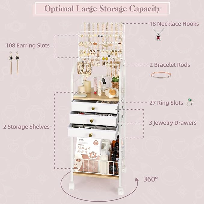 Keebofly Jewelry Organizer Stand with 3 Drawers, Large Necklace Holder & Earring Organizer Rack, Wooden Jewelry Tree Tower for Rings, Bracelets, Sunglasses and Skincare, Gift for Women, White
