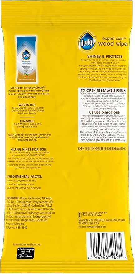 Pledge Expert Care Enhancing Wood Wipes, Lemon Scent, 24 Count (Pack of 2)