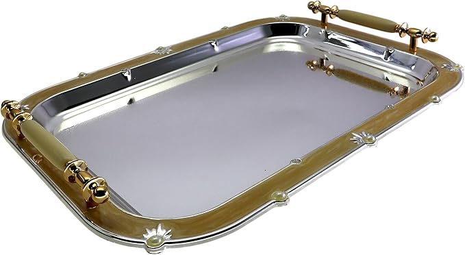 (Pack of 2) 16.3 inch x 11.8 inch Oblong Chrome Plated Serving Tray with Handles Mirror Iron Gold Floral Edge Decorative Party Wedding Buffet Wine Decor Platter Plate Base FST-010