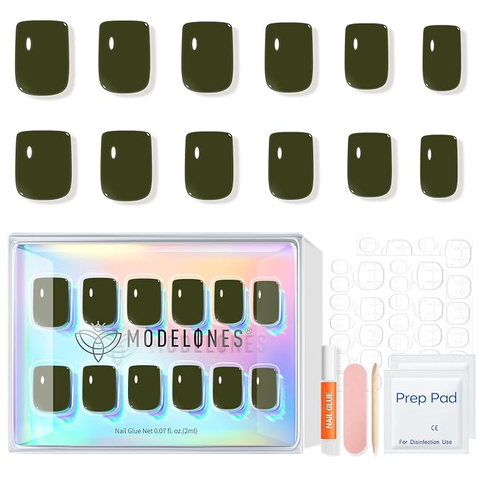 Modelones Moss Green Press on Nails, Short Square Fake Nails, Reusable Nail Kit with Nail Glue Adhesive Tabs Mini Nail File, Nails Press Ons 32Pcs16 Sizes, Spring