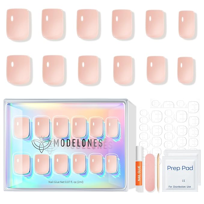 Modelones Nude Pink Press on Nails, Valentines Short Square Fake Nails, Semi-Transparent Reusable Nail Kit with Nail Glue Adhesive Tabs Mini Nail File, Nails Press Ons 32Pcs16 Sizes, Women Girl Gift