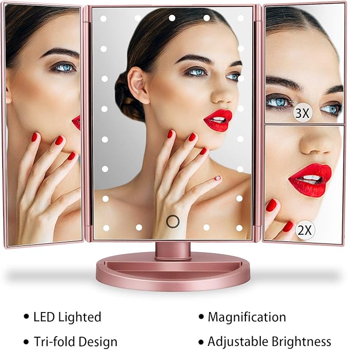 deweisn Dresser Mount Tri-Fold Lighted Vanity Mirror with 21 LED Lights, Touch Screen and 3X/2X/1X Magnification, Two Power Supply Modes Make Up Mirror,Travel Mirror