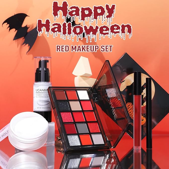 UCANBE Red Halloween Makeup Kit – Clown Vampire Joker Demon Makeup Set for SFX Costume Cosplay with Eyeshadow Palette, White Foundation, Red Liquid, Black Eyeliner, Setting Powder & Sponges