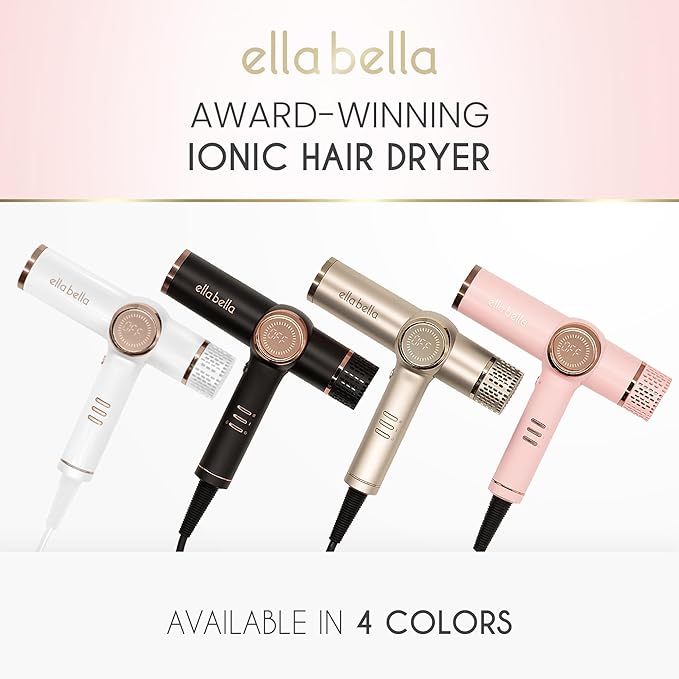 ELLA BELLA® Professional Ionic Hair Dryer with Diffuser • Negative Ion Blow Dryer • Suitable All Hair Types • Intelligent Heat Control & Rapid Drying Speeds • Lightweight Design • Low Noise Technology