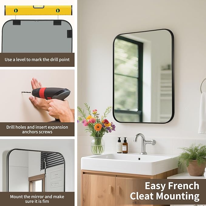 Black Bathroom Mirror, 22x30 Inch Aluminum Frame Rectangle Mirror, Anti-Rust, Tempered Glass, Wall Mirror for Over Sink, Vanity, Bedroom, Entryway, Horizontal/Vertical