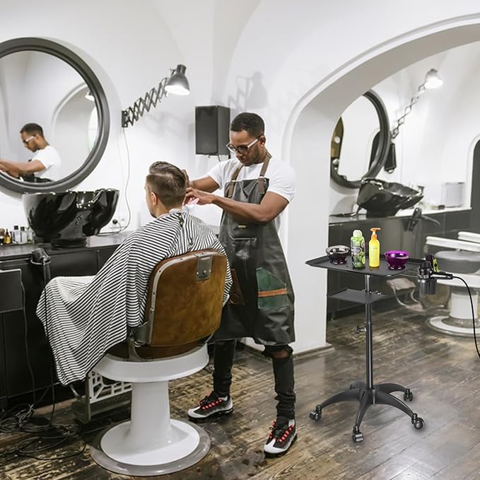 Salon Tray Cart with Storage Platform, Aluminum Tattoo Tray with Wheels Trolley Adjustable Height, Salon Tray Equipment Service Instrument Storage Tray Accessory for Salon & Spa Use, Black