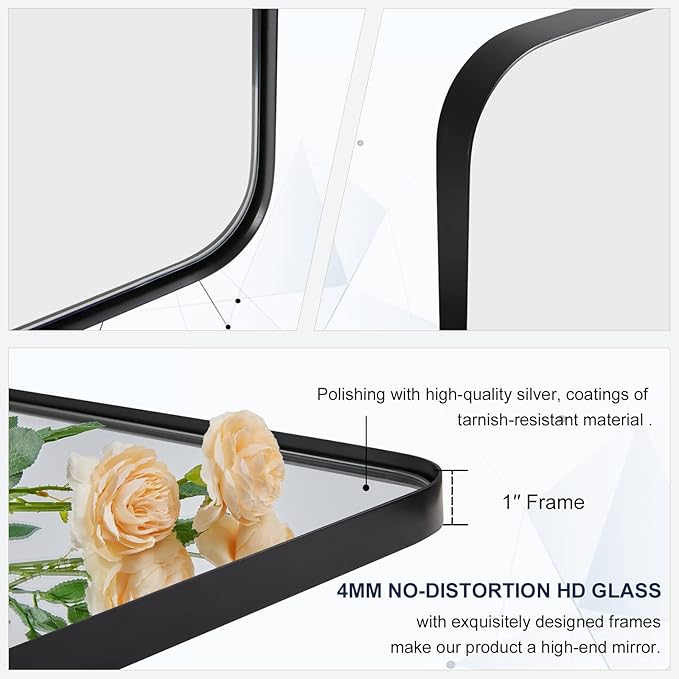 ANDY STAR 18" x 48" Full Length Wall Mirror, Large Black Mirror for Bathroom, Rounded Corner Rectangle Body Mirror for Floor and Leaning