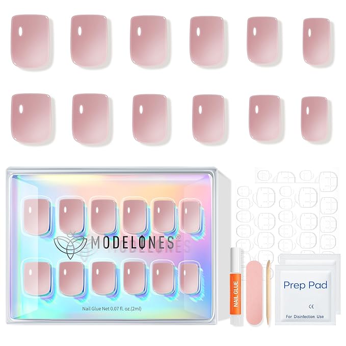 Modelones Soft Pink Press on Nails, Valentines Short Square Fake Nails, Semi-Transparent Reusable Nail Kit with Nail Glue Adhesive Tabs Mini Nail File, Nails Press Ons 32Pcs16 Sizes, Women Girl Gift