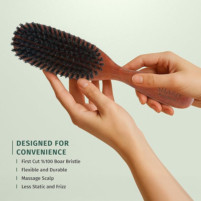 SHASH Classic German First Cut 100% Boar Bristle Hair Brush Since 1869 - Conditions Hair, Improves Texture, Exfoliates Scalp, Fine to Normal not for Coarse hair!