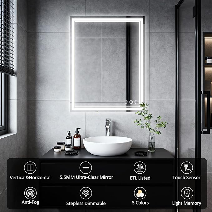 LED Bathroom Mirror 36"x28", 3 Colors Frontlit, Stepless Dimmable, Anti-Fog, Memory, Wall Mounted Vanity Mirror with Lights, Eco Copper-Free, Perfect for Bathroom & Bedroom