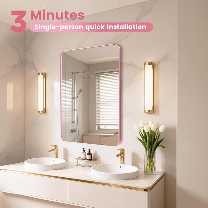 18 x 24 Inch Pink Bathroom Mirror Wall Mounted, Matte Aluminum Alloy Frame with Rounded Corners, Shatterproof Tempered Glass, Anti-Rust HD Vanity Mirror for Bathroom, Bedroom, Entryway