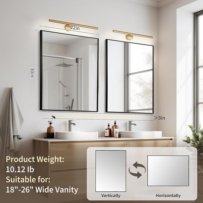 Matte Black Mirror, 22x30 Inch Aluminum Framed Rectangle Mirror, Anti-Rust, Tempered Glass, Square Corner Wall Mirror for Over Sink, Vanity, Bedroom, Entryway, Horizontal/Vertical