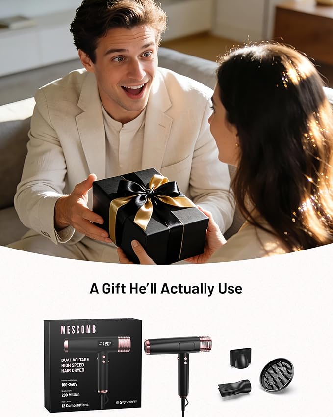 MESCOMB Travel Hair Dryer with Diffuser, 1875W Dual Voltage Ionic - Fast Drying & Frizz Control for Thick/Curly Hair, Lightweight Low Noise for Hotels/Apartments/Home Use, Worldwide Travel (110-240V)