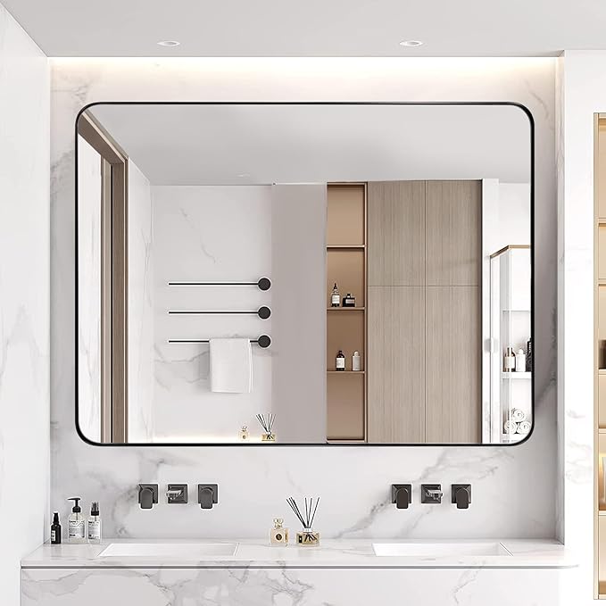 ANDY STAR Wall Mirror for Bathroom, 30x36 Matte Black Bathroom Mirror, Modern Stainless Steel Metal Frame Rounded Corner Rectangle Mirror for Vanity