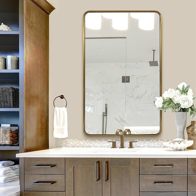 ANDY STAR Brushed Gold Bathroom Mirror 48”X30”, Brass Bathroom Vanity Mirror Rounded Rectangle, SUS304-Anti-Rust Metal Frame Mirror, Wall Mounted Horizontal/Vertical 1’’ Deep