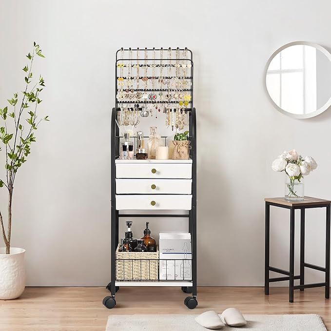 Keebofly Large Jewelry Organizer Stand with 3 Drawers, Floor Display Holder with Necklace, Earring, Bracelet, Ring Storage โ Rolling Armoire Tower for Bedroom or Closet (Black)