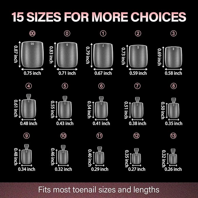 AILLSA Extra Wide Sharp Square Toe Nail Tips, 15 Sizes 150Pcs Pre-etched Double Matte Toe Nail Press On Clear Acrylic, Full Cover Fake Toenails for Big Toe Extensions Home DIY