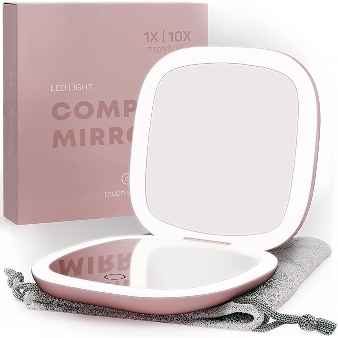 Mavoro LED Lighted Travel Makeup Mirror | 1x/10x Magnification | Rechargeable USB-C | Pocket & Purse Portable Lighted Travel Makeup Compact Mirror, Touch Sensor (Heavenly Pink)
