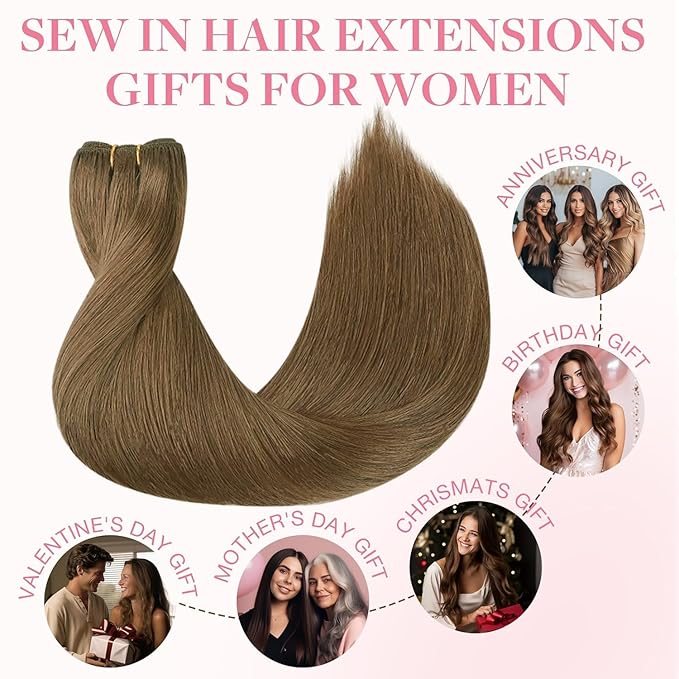 GOO GOO Sew in Hair Extensions Real Human Hair, Weft Hair Extensions Human Hair, 5 Light Ash Brown 24inch 120g, Weft Bundles Straight Silky Remy Hair